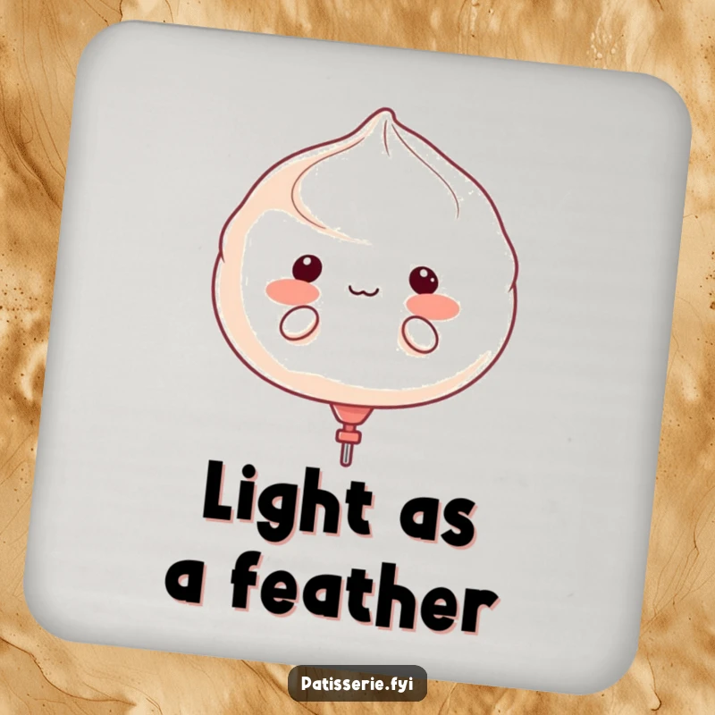 Funny meringue character puffing cheeks like a balloon, about to float away, designed on a set of drink coasters.