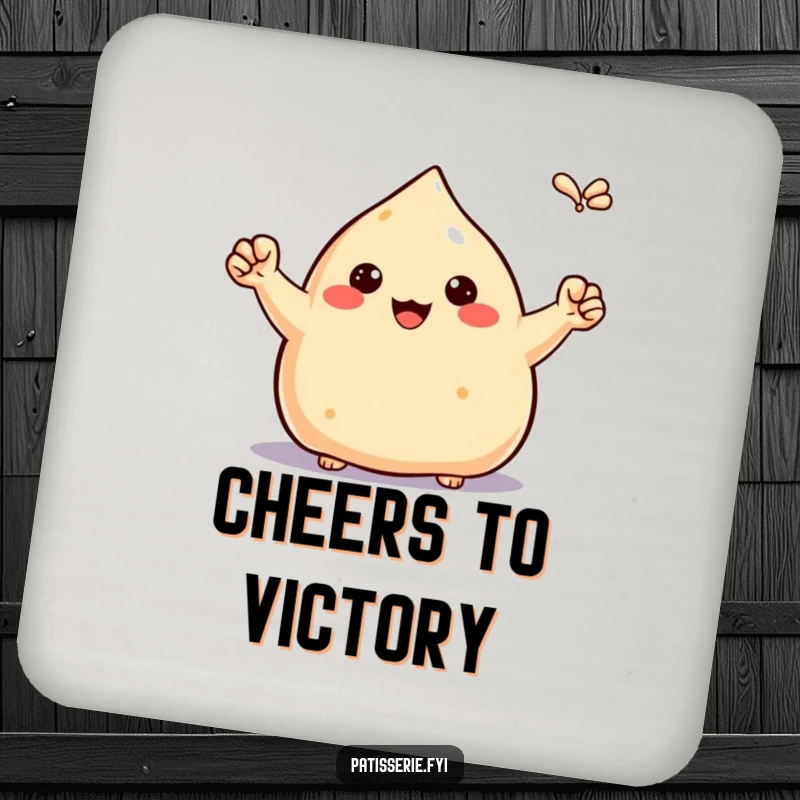 Funny proud samosa coaster, pumping tiny fists in the air, celebrating victory, protects surfaces, humorous accessory.