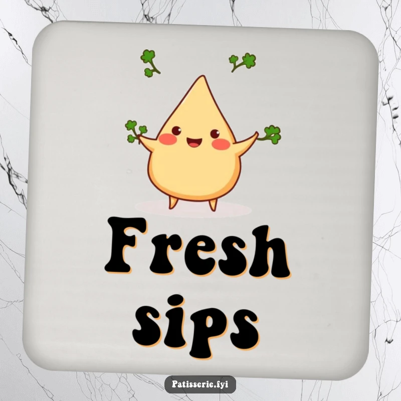 Funny samosa coaster, cheerful, juggling three tiny cilantro sprigs, protects surfaces, humorous kitchen accessory.
