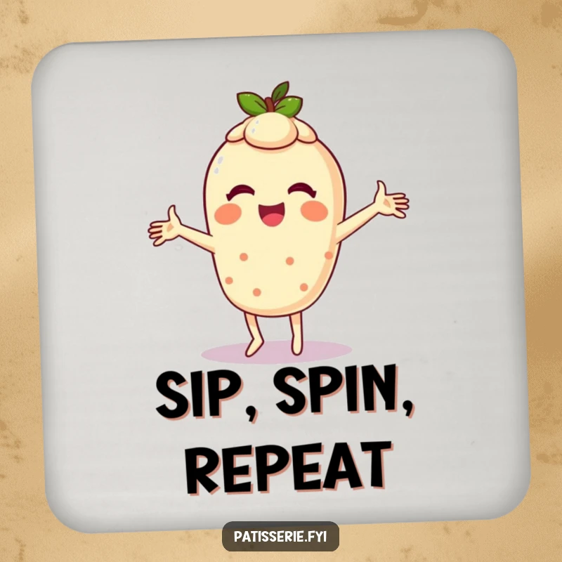 Funny coasters showcasing a giggling tart character doing a silly dance with arms spinning, adding cheerful protection.