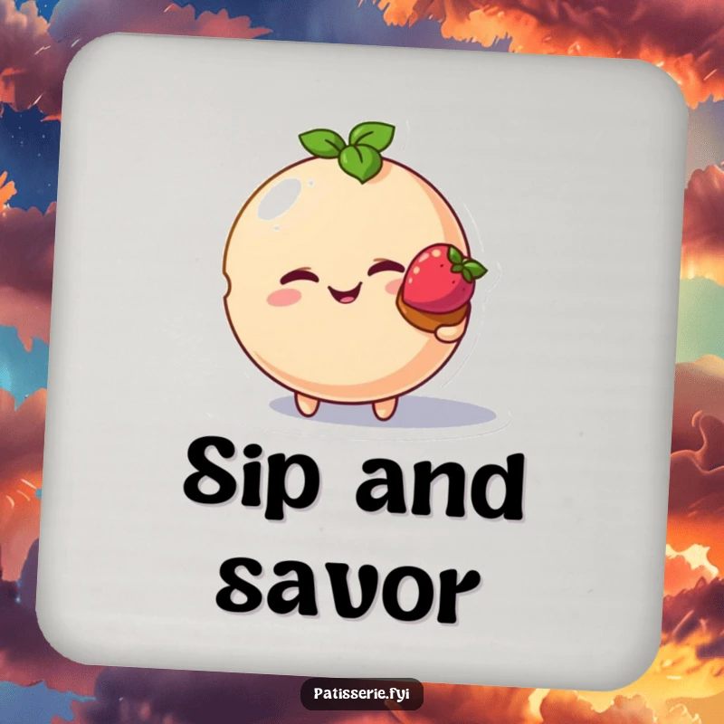 Funny macaron bird coaster, winking macaron character, offering tart, humorous drinkware accessory, set of coasters.