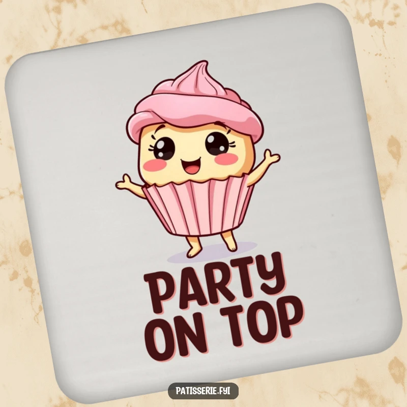 Funny giddy cupcake drink coaster with a dancing dessert character with wide eyes, adding a cheerful touch.
