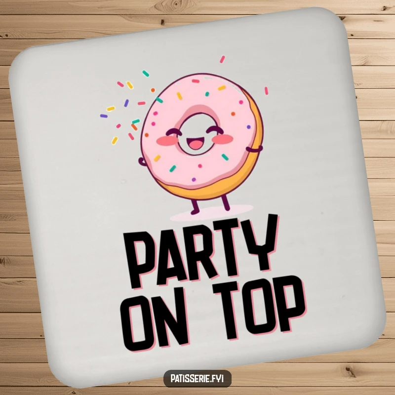 Funny Donut Drink Coasters featuring a giggling donut character spraying sprinkles like confetti, adding a playful touch while protecting furniture.