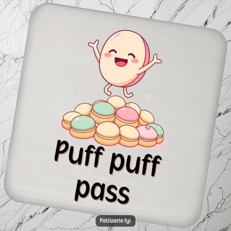 Funny macaron coaster with a joyful macaron character leaping over cream puffs, adding a sweet touch to drinks.