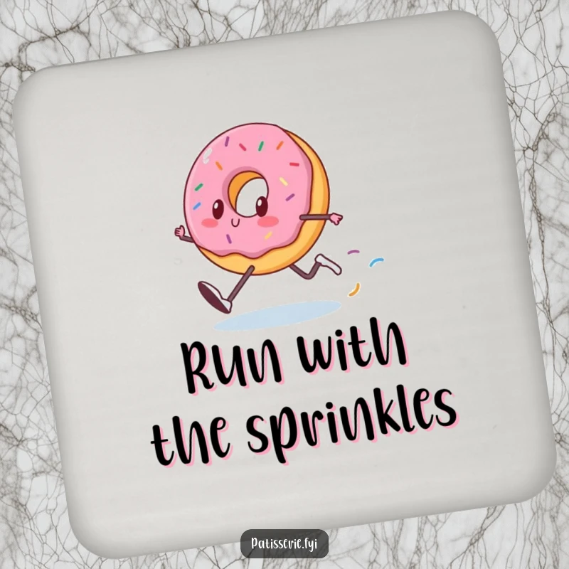 Funny Donut Coaster: A happy donut runs fast, leaving sprinkles, providing funny and energetic protection.