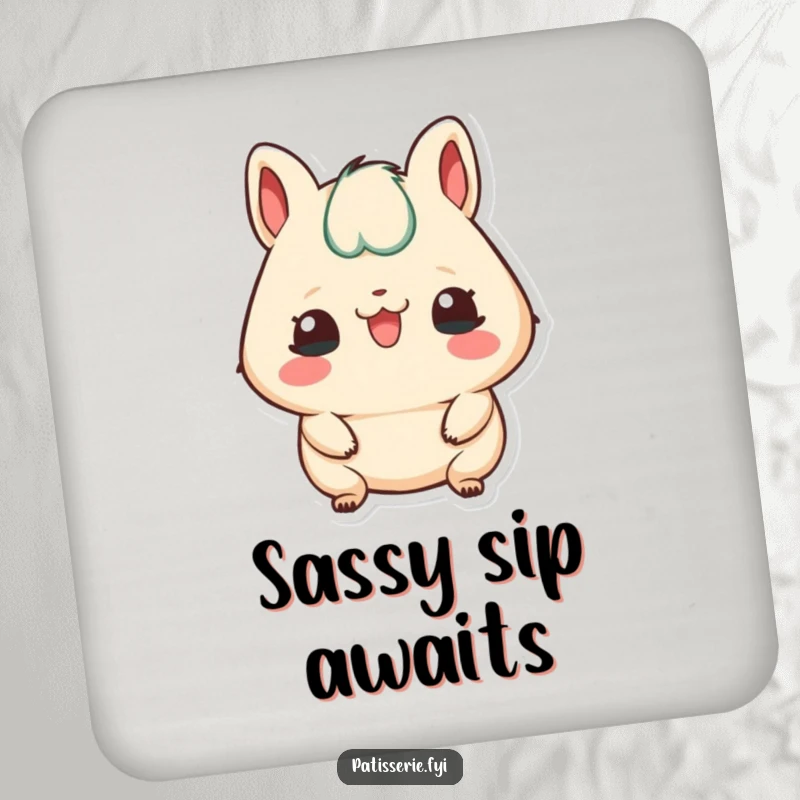 Funny coasters featuring a petit four character sticking its tongue out playfully, adding cheeky charm and protection.