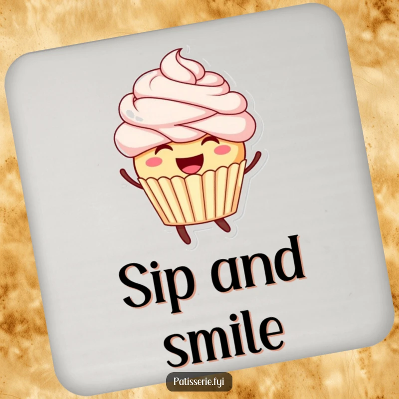 Funny drink coaster with a smiling cupcake and its frosting hair in a joyful leap, protecting surfaces with style.