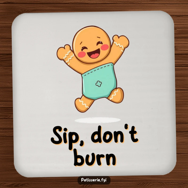 Funny drink coasters featuring a grinning gingerbread man jumping joyfully from an oven mitt, guarding your table.