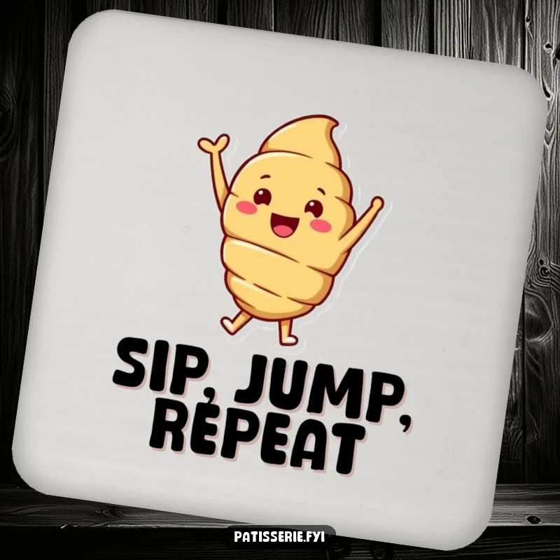 Funny coasters showcasing a smiling croissant character joyfully jumping with one arm raised, adding cheerful protection.