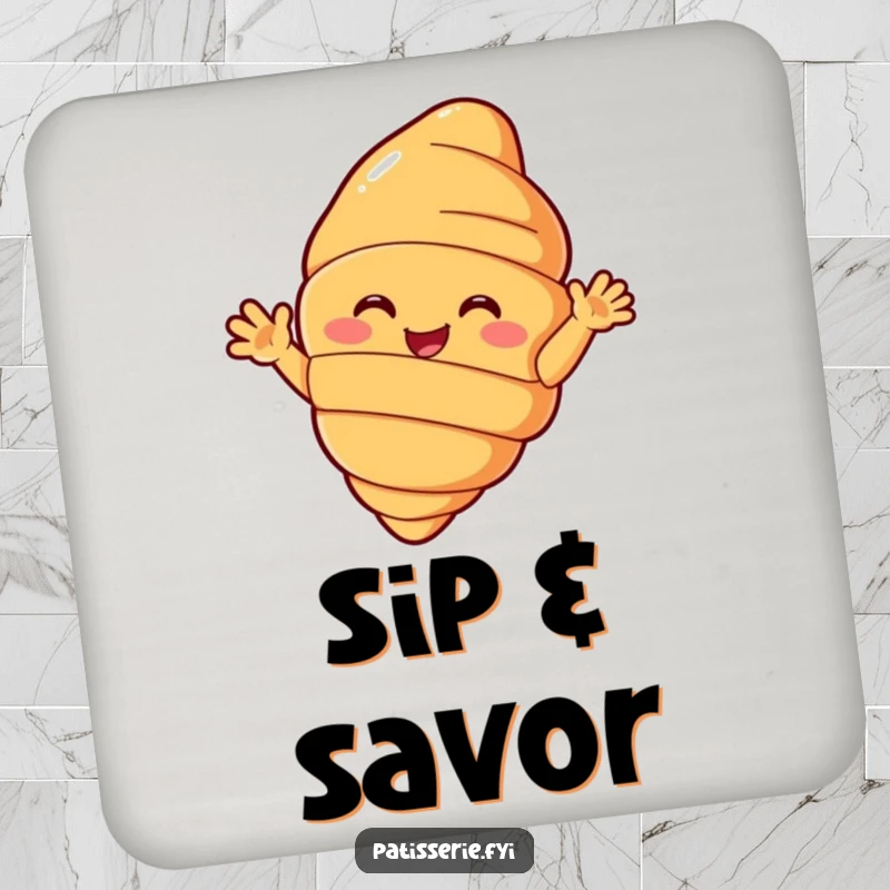 Funny croissant drink coaster with a beaming pastry character waving hello, adding a cheerful touch to any table.