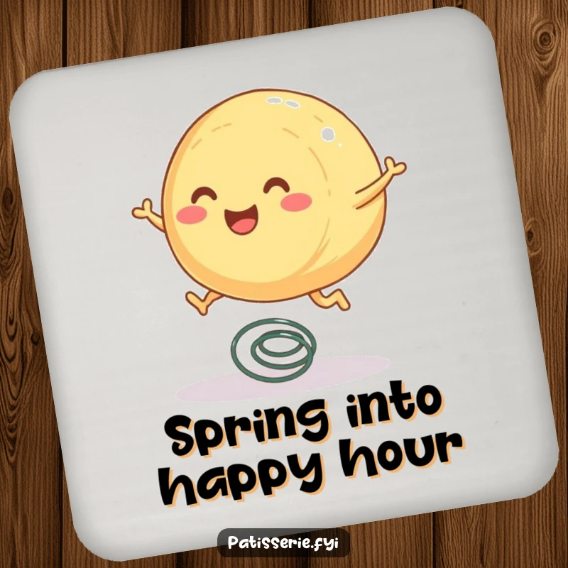 Funny pastry coaster featuring a round, smiling pastry character with tiny legs joyfully bouncing on a spring.