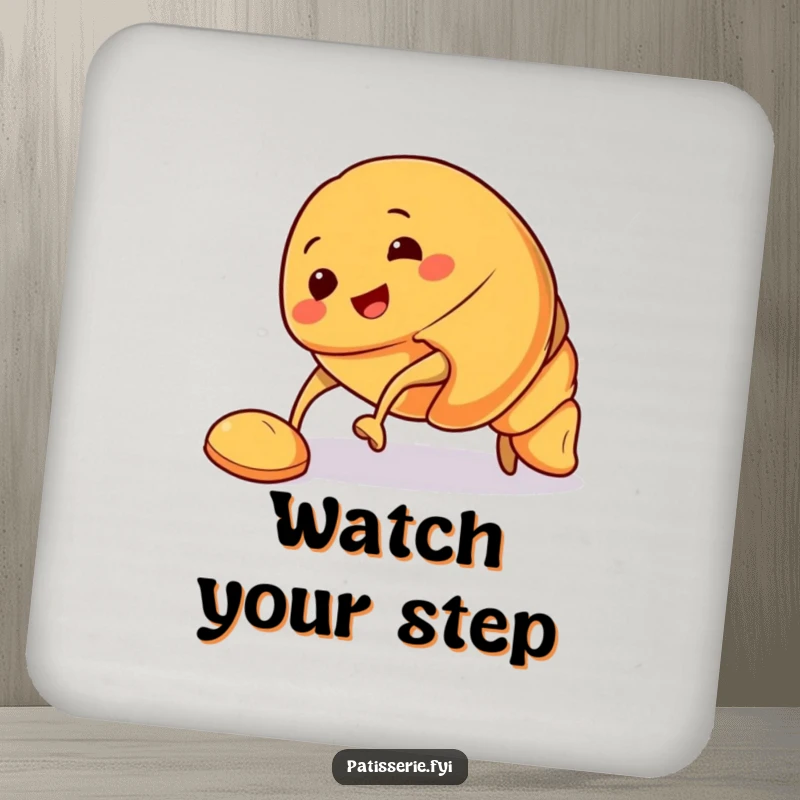 Funny Croissant Drink Coasters featuring a smiling croissant character tripping over its pastry feet, adding a playful touch while protecting furniture.