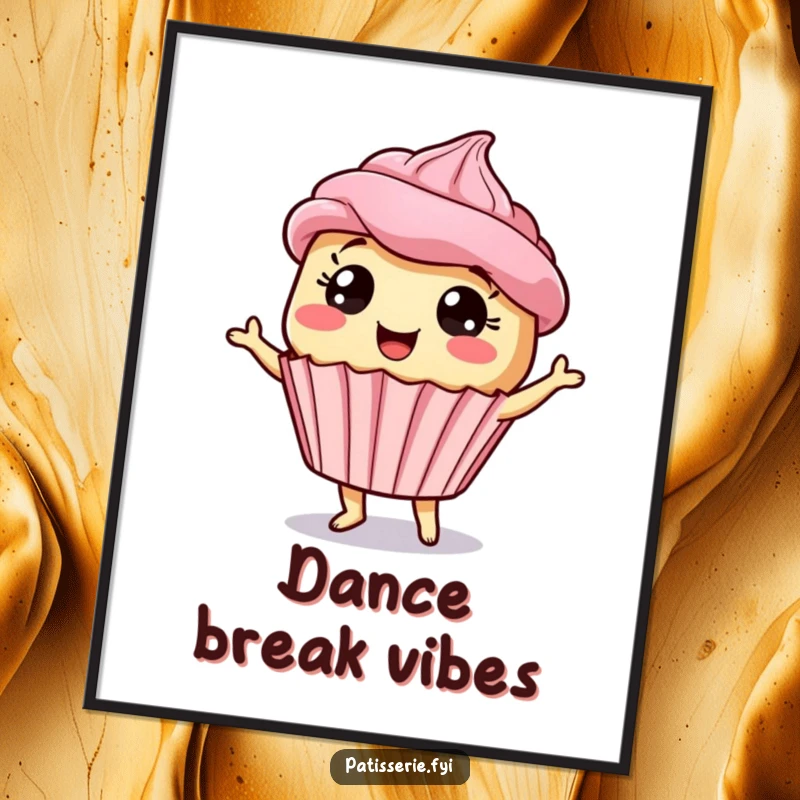Funny giddy cupcake poster art of a dancing dessert character with wide eyes, bringing cheerful vibes to any wall.