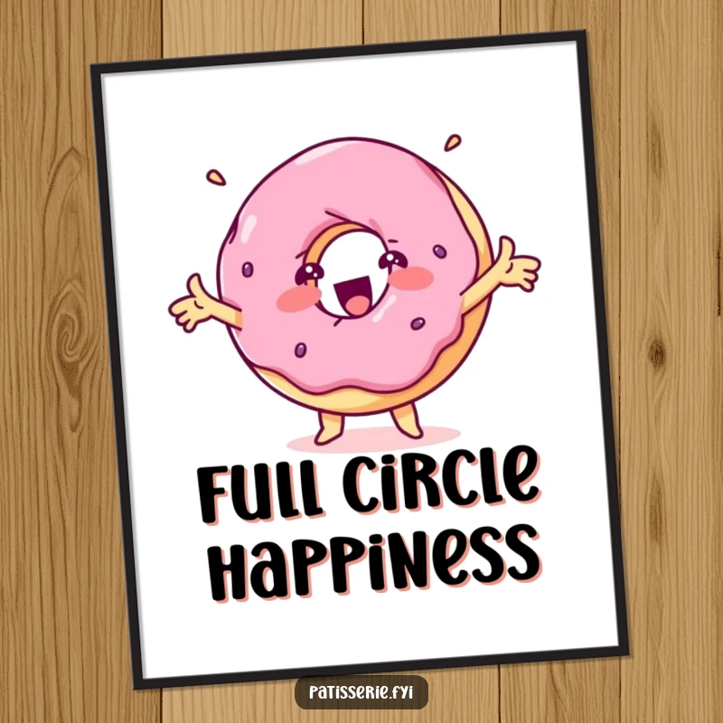 Funny delighted donut poster art of a spinning treat character with outstretched arms, bringing happy vibes.