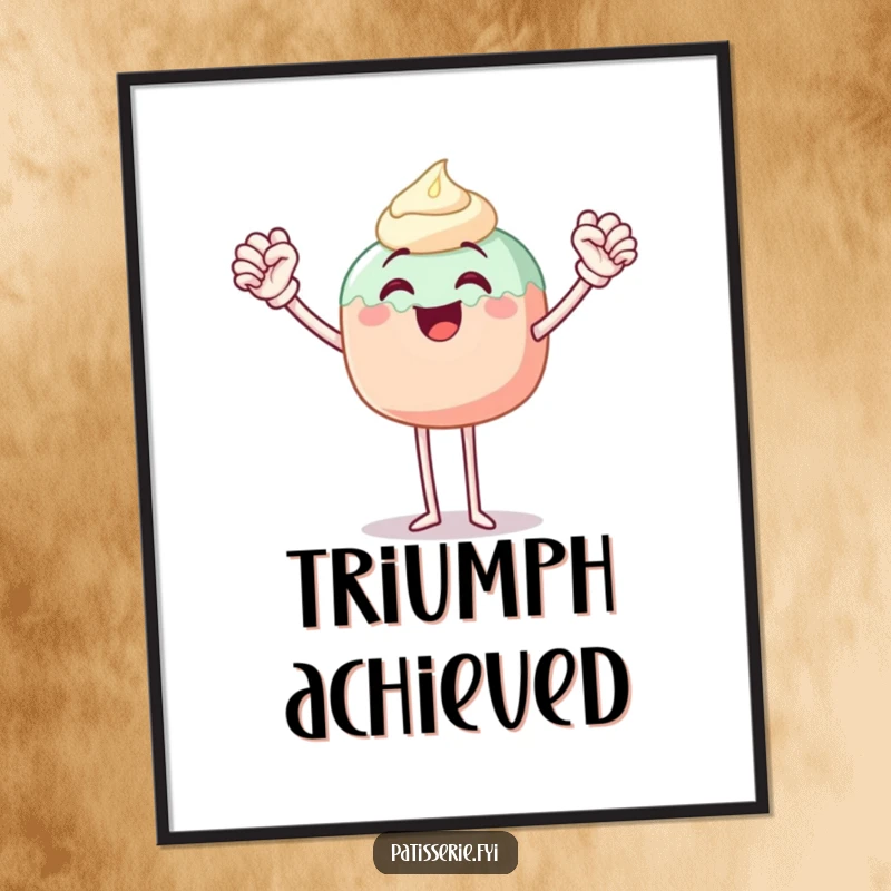 Funny poster displaying a joyous cake pop with legs, executing a powerful fist pump, exuding an aura of pure, unadulterated happiness.