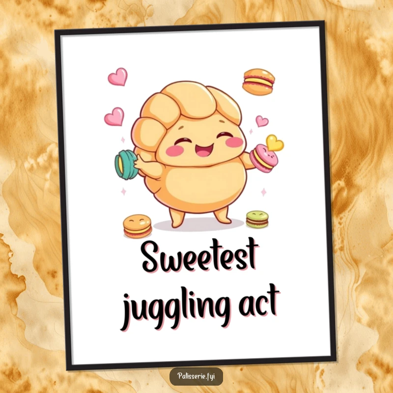 Funny Croissant Macaron Poster featuring a plump croissant character giggling and juggling macarons, whimsical wall art.