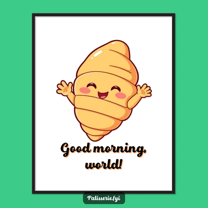 Funny Croissant Poster - Beaming Pastry Waving Hello, Joyful Wall Art & Funny Gift