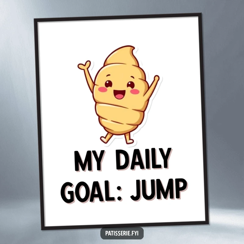 Funny poster of a smiling croissant character joyfully jumping with one arm raised high, radiating pure happiness and energy.