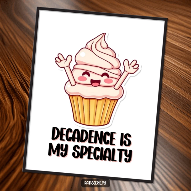 Funny Cupcake Poster: A smiling cupcake dramatically flinging frosting, a piece of art full of sweet, funny energy.