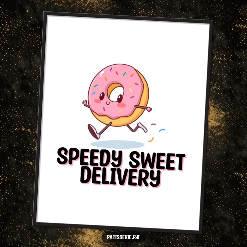Funny Donut Poster: A happy donut runs at full speed, leaving a sprinkle trail, a dynamic and funny artwork.