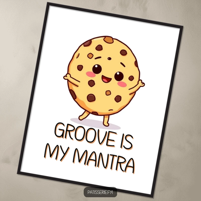 Funny poster featuring a giddy chocolate chip cookie doing a hilarious, exaggerated silly dance, perfect for adding whimsical decor.