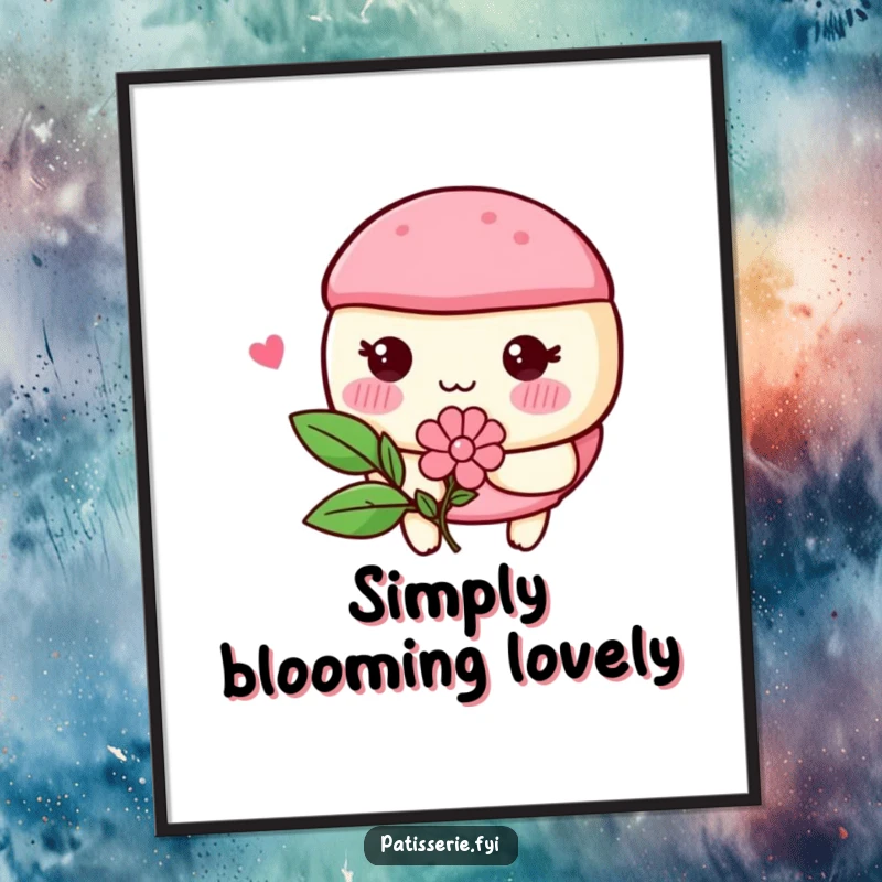 Funny macaron character with rosy cheeks blushing and holding a flower, depicted in a humorous poster for charming decor.