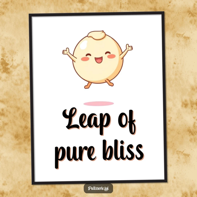 Funny poster art depicting a round pastry character with tiny legs joyfully leaping mid-air, bringing vibrant energy and happiness to walls.