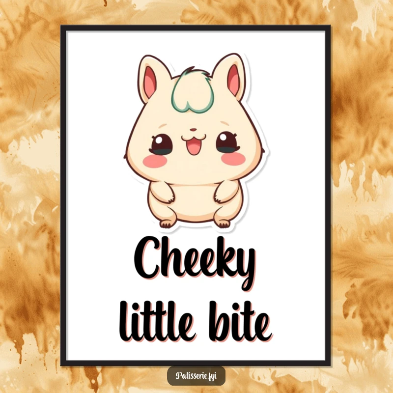 Funny poster art of a petit four character playfully sticking its tongue out, embodying sweet mischief.