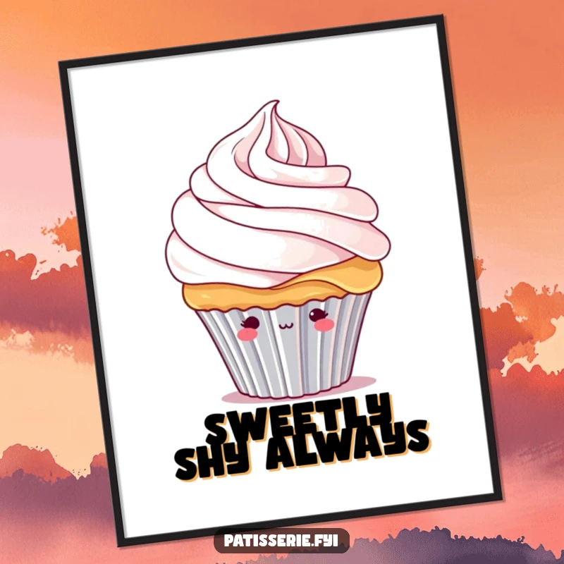 Funny shy cupcake poster of a timid cupcake character hiding beneath a large, fluffy swirl of whipped cream, looking sweet.