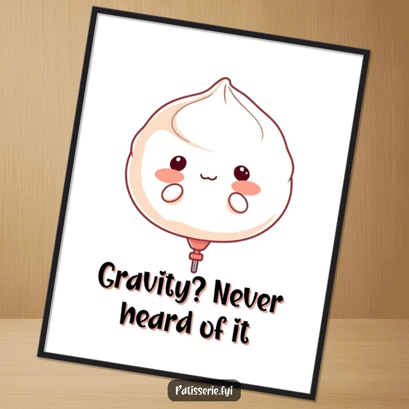Funny meringue character puffing cheeks like a balloon, attempting to float away, displayed as a vibrant wall poster.