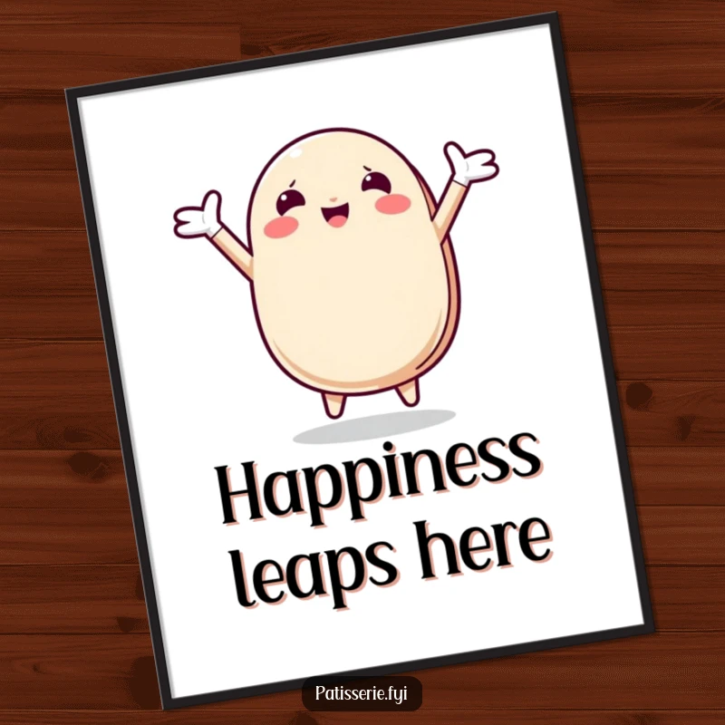 Funny Macaron Poster illustrating a jubilant macaron character leaping high with arms flung wide in a moment of pure, unbridled delight.