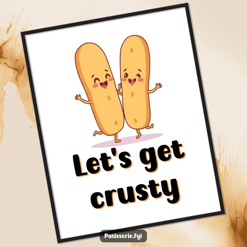 Funny poster of a happy baguette character performing a silly dance with its breadstick partner, celebrating joy.