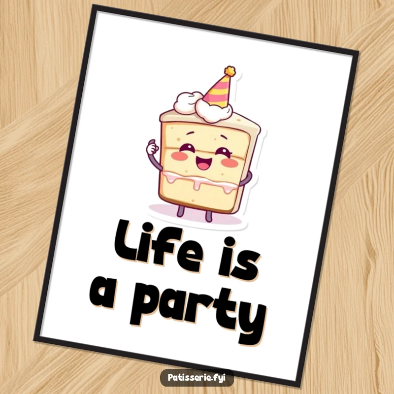 Funny poster art of a slice of cake character giggling, holding a miniature party hat, bringing festive energy and sweet joy to any room.