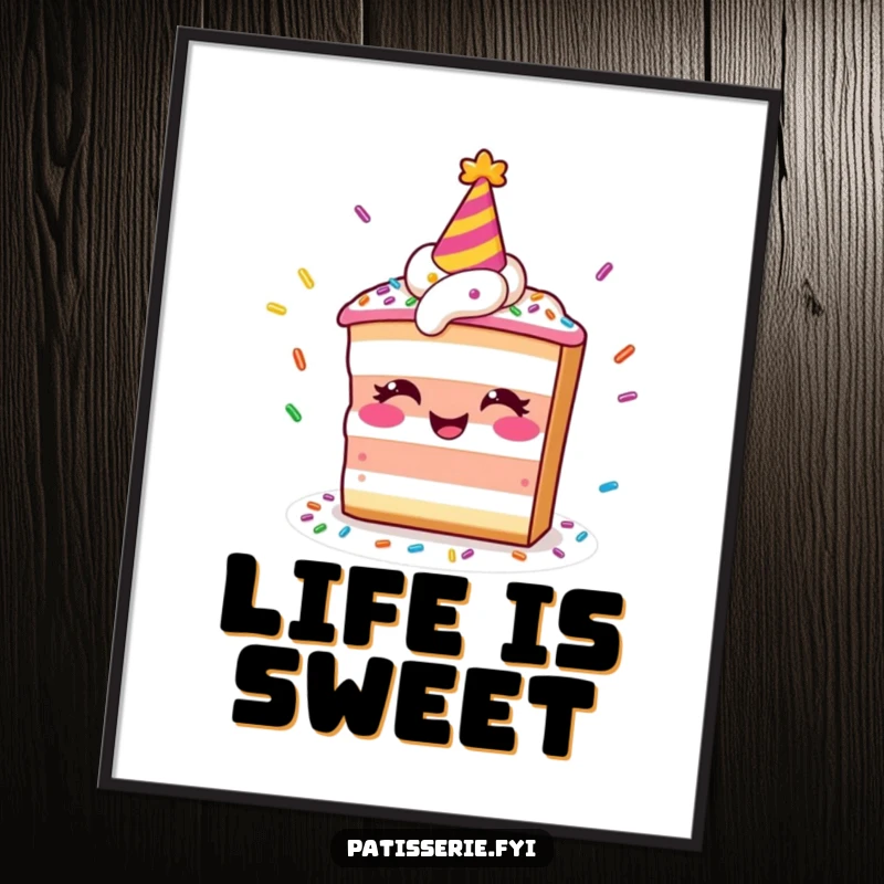 Funny poster featuring a smiling slice of cake wearing a party hat and juggling colorful sprinkles, perfect for festive decor.