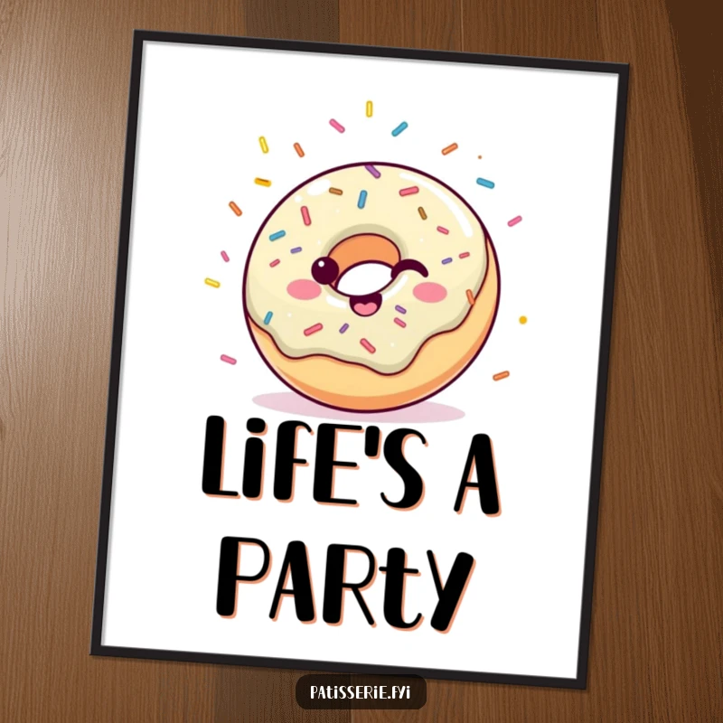 Funny poster print of a happy donut covered in sprinkles, joyfully throwing confetti, perfect for festive decor.