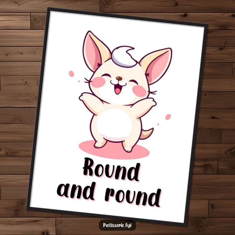 Funny Petit Four Poster capturing a giggling tiny cake in a joyful spin, whimsical wall art for a funny gift.