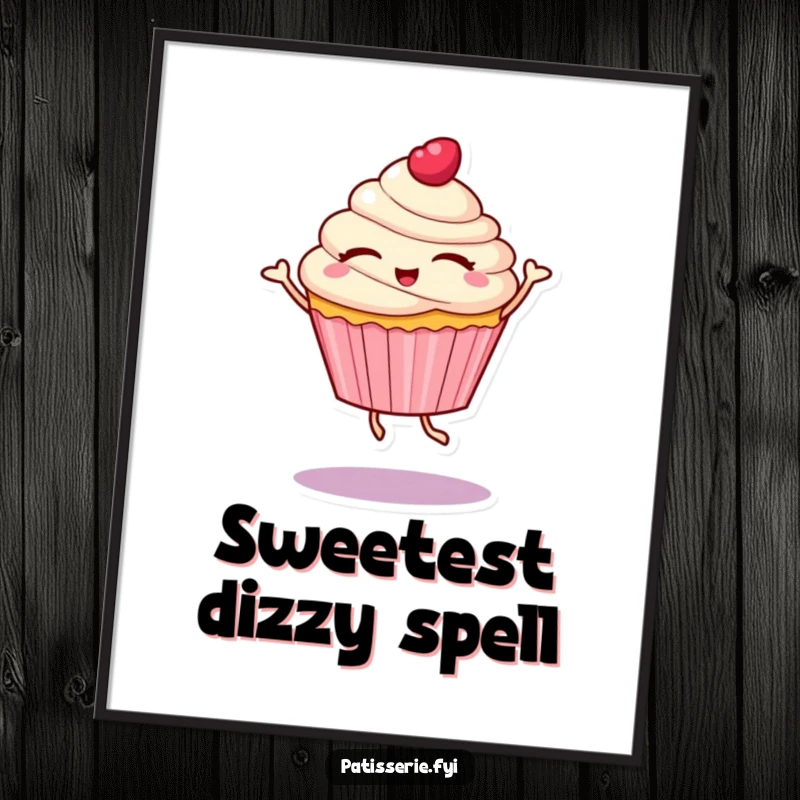 Funny poster art of a cupcake character with eyes closed, spinning in a delightful dance, bringing vibrant energy and sweet joy to any room.