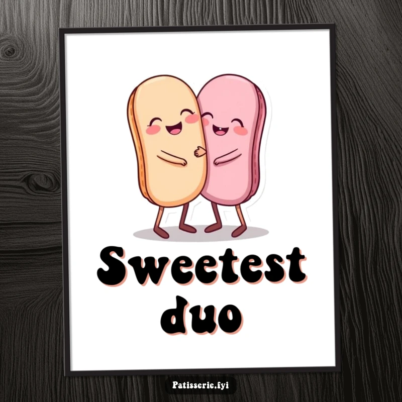 Funny poster featuring a giggling macaron pair with tiny legs hugging each other, creating a heartwarming scene.