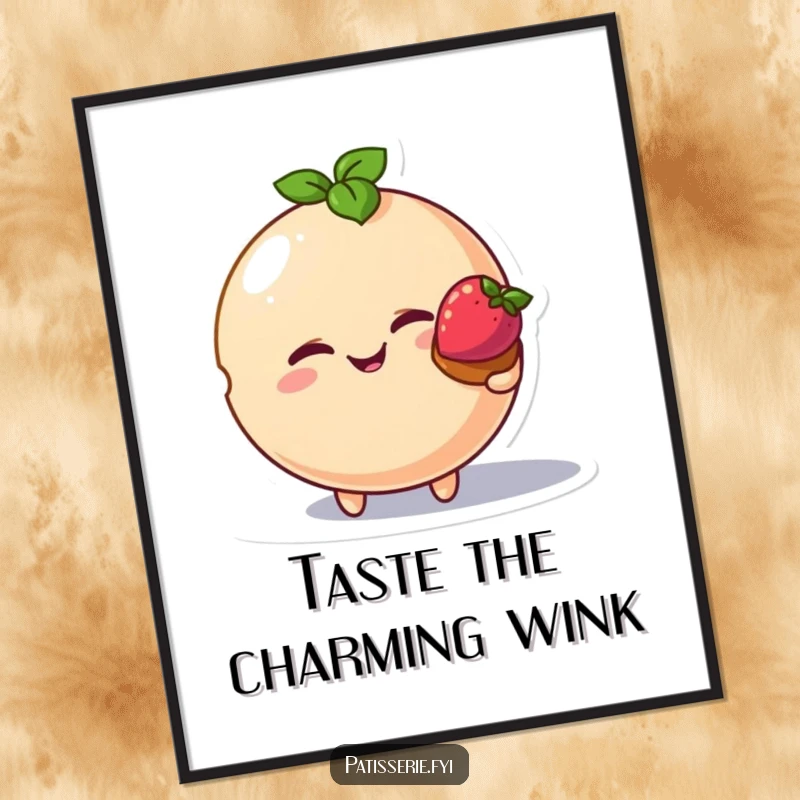 Funny macaron bird poster, winking macaron character, offering strawberry tart, humorous wall art, cute food illustration.