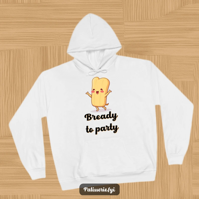 Funny baguette hoodie with a cheerful character doing a silly little jig, offering warmth and a touch of playful dance.