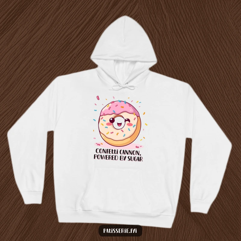 Funny donut hoodie showing a happy, sprinkle-covered pastry tossing confetti, offering warmth and festive vibes.