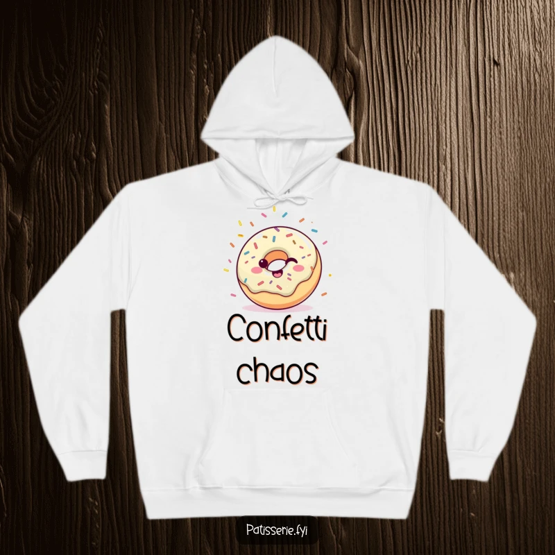 Funny hoodie adorned with a happy donut tossing confetti, perfect for staying warm and feeling festive.