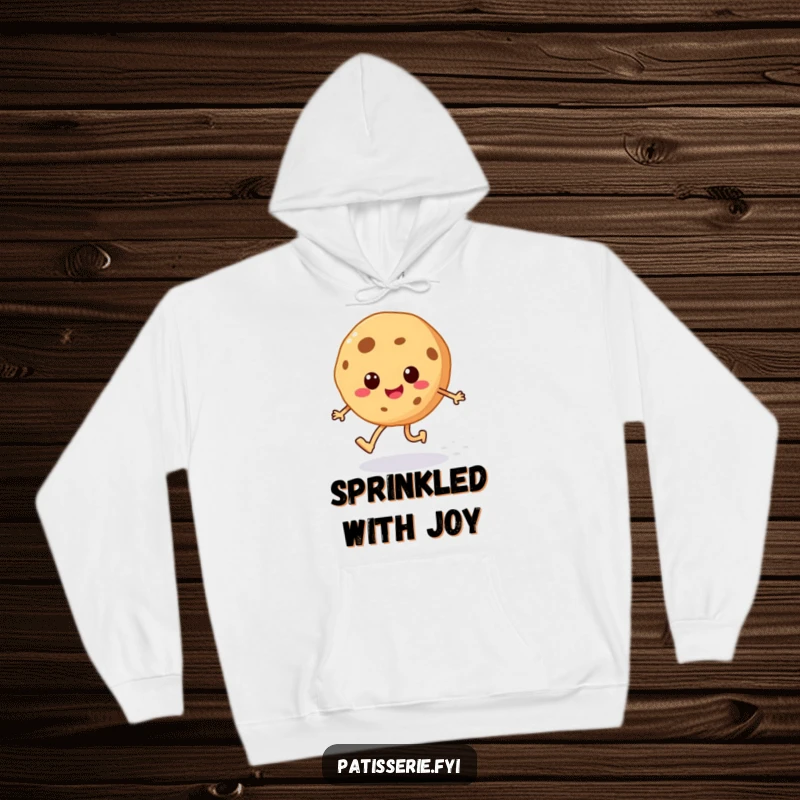 Funny cheerful cookie hoodie showing a happy skipping character with legs and a sugar sprinkle trail, ideal for warm comfort.