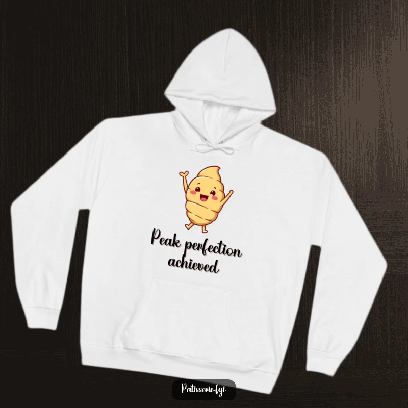Funny hoodie featuring a smiling croissant character joyfully jumping with one arm triumphantly raised, exuding happiness.