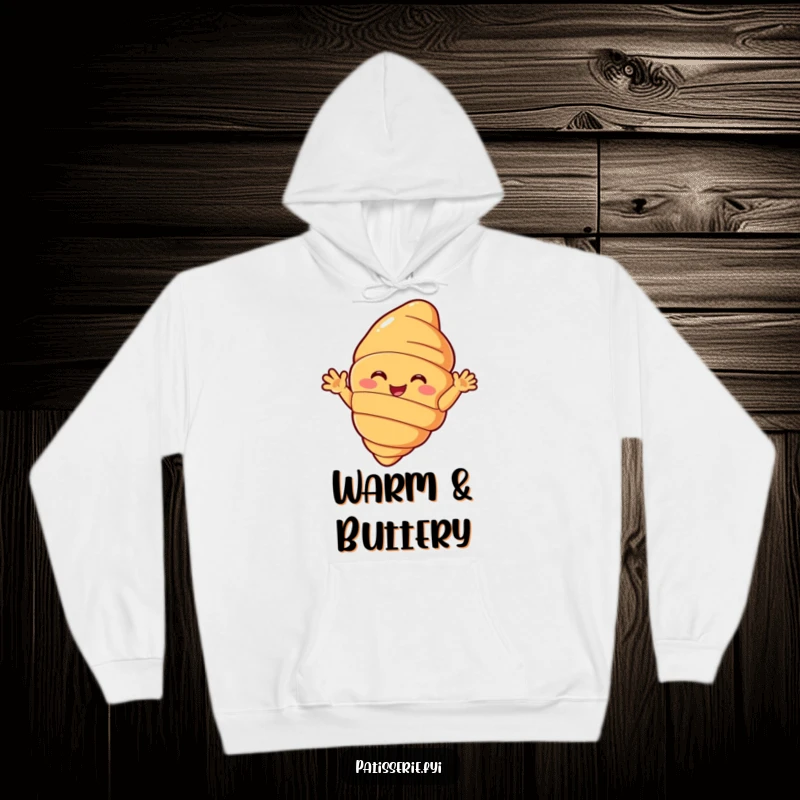 Funny croissant hoodie showing a beaming pastry character with small arms giving an enthusiastic hello wave, a warm and humorous gift.