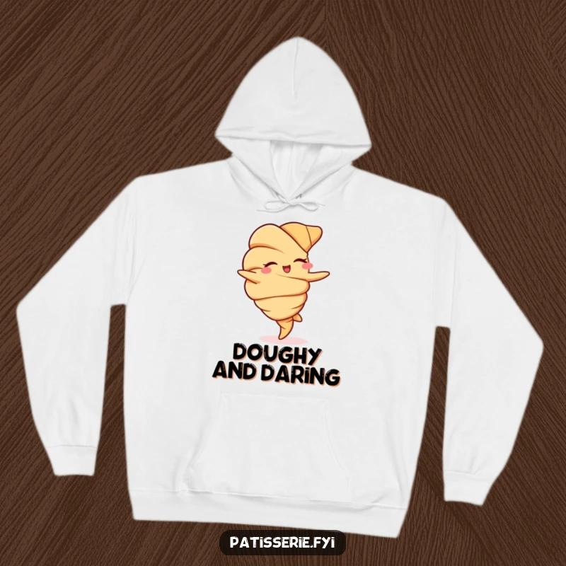 Funny hoodie printed with a winking croissant doing a cartwheel, offering warmth and a touch of whimsy.
