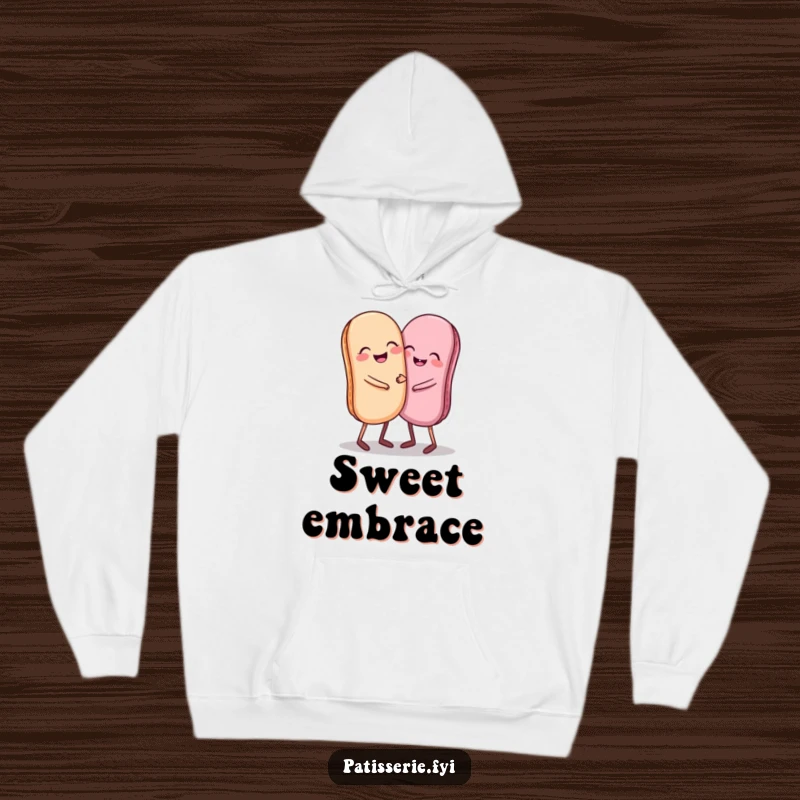 Funny hoodie featuring a giggling pair of macarons with small legs hugging each other, perfect for cozy moments.