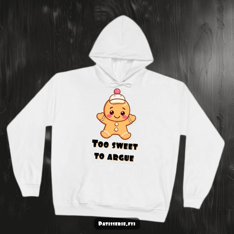 Funny gingerbread cookie hoodie with a cheerful character waving hello, wearing a jaunty cap, offering warmth and humor.