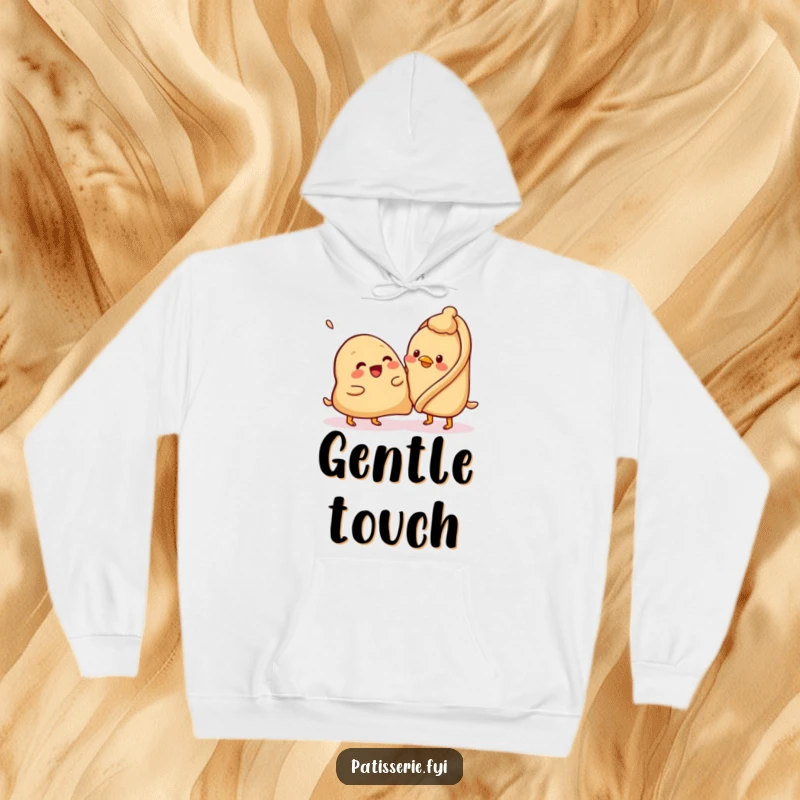 Funny samosa hoodie, beaming, attempting to pat a confused chickpea, cozy and whimsical apparel, great gift.