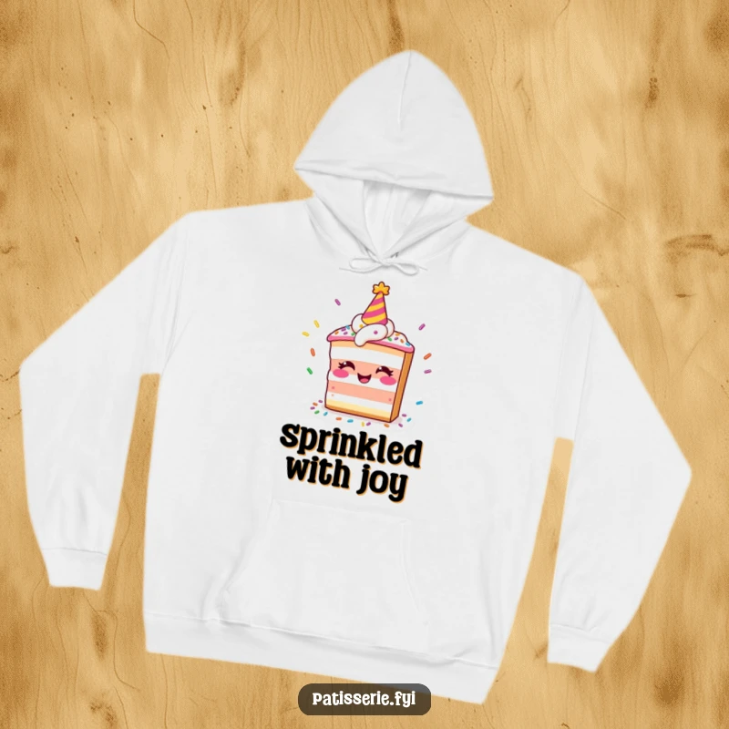 Funny hoodie featuring a smiling slice of cake wearing a party hat and juggling sprinkles, perfect for cozy celebrations.